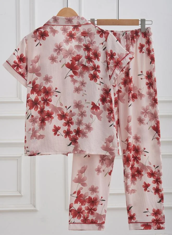 تايك تو طقم قميص وبنطال بيجاما بطبعة زهور للنساء